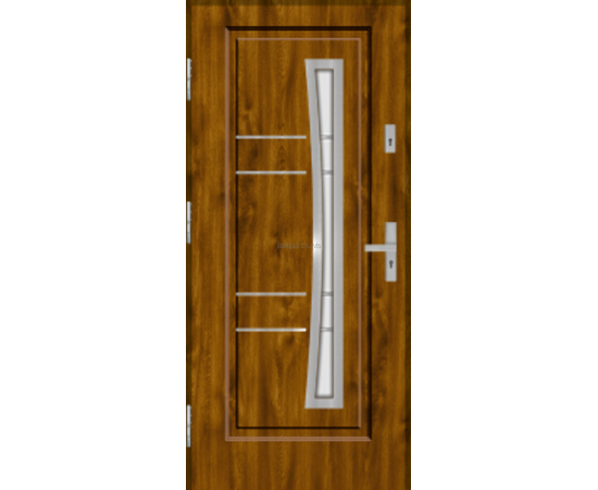 Siltas un kvalitatīvas ārdurvis mājai. Durvis zelta ozola tonī ar dekoratīvu stikla elementu.