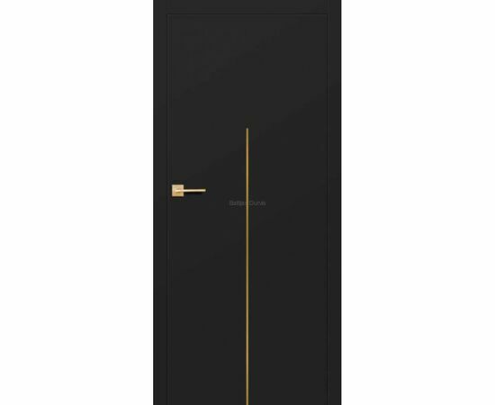 Melni matētas iekšdurvis LUX ar vertikālu zelta akcenta līniju durvju vidusdaļā. Durvis piemērotas modernam interjeram.