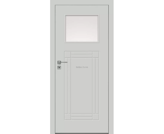 Iekšdurvis FARGO DRE krāsotas ar stikla pildiņu durvju augšdaļā, gaišu apdari un gludu virsmu ar frēzējuma līnijām.