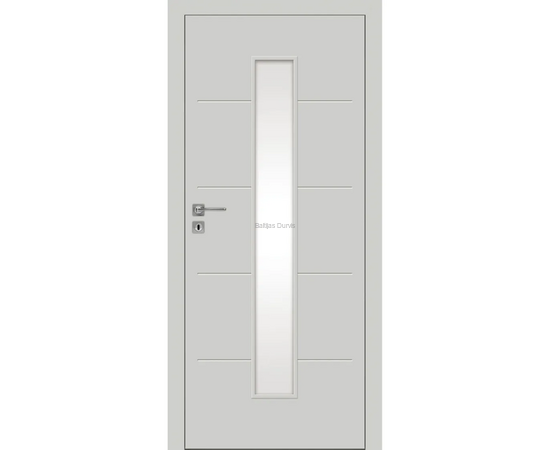 Iekšdurvis FARGO DRE krāsotas ar garu vertikālu stikla pildiņu durvju vidusdaļā, gaišu apdari un gludu virsmu ar frēzējuma līnijām.