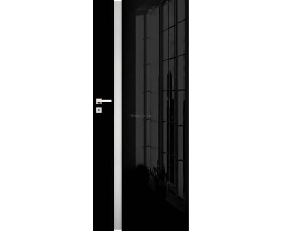 Iekšdurvis Vetro D2 melnas glancētas ar matētu vertikālu stikla elementu.