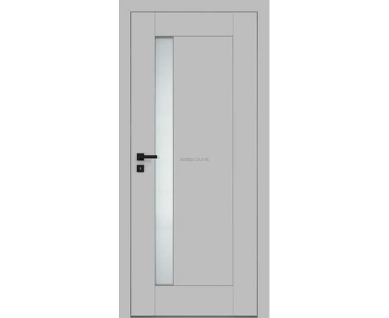 Durvis ESTRA DRE ar pelēku apdari un vertikālu matētu stikla līniju, kas veido akcentu un gaišumu telpā.