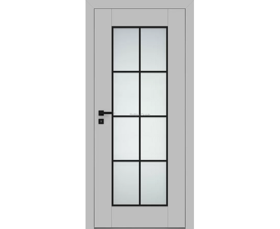 Durvis ESTRA DRE ar pelēku apdari un lieliem rūtotiem stikla laukumiem, kas rada gaišumu un plašuma sajūtu.