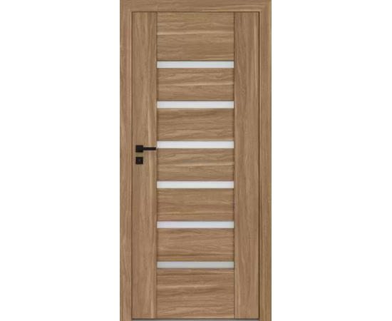 Durvis ar koka tekstūras apdari un horizontāliem stikla paneļiem, kas papildina mūsdienīgu stilu