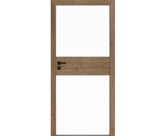 Durvis RIVIA DRE ar koka rāmja apdari un baltiem pildiņiem, kas piešķir telpai mūsdienīgu izskatu.