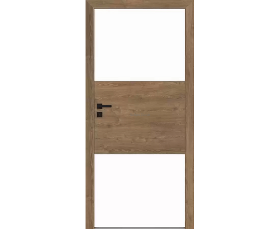 Durvis RIVIA DRE ar koka rāmja apdari un baltiem pildiņiem, kas piešķir telpai mūsdienīgu izskatu.