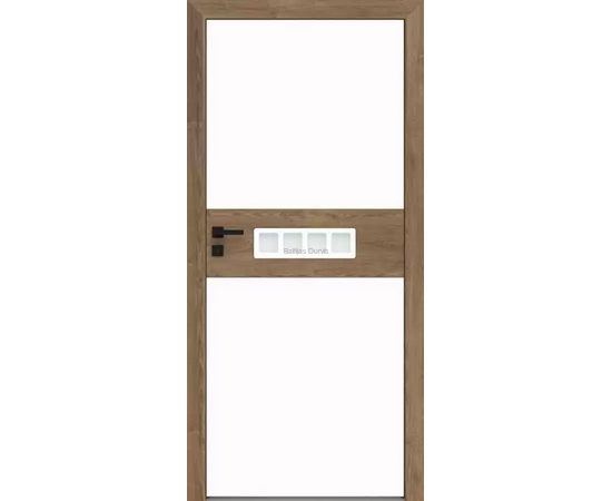 Durvis RIVIA DRE ar koka rāmja apdari un baltiem pildiņiem, kas piešķir telpai mūsdienīgu izskatu.