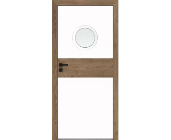 Durvis RIVIA DRE ar koka apdari un apaļu stikla elementu durvju augšdaļā, kas piešķir telpai dabiskumu un gaisīgumu.