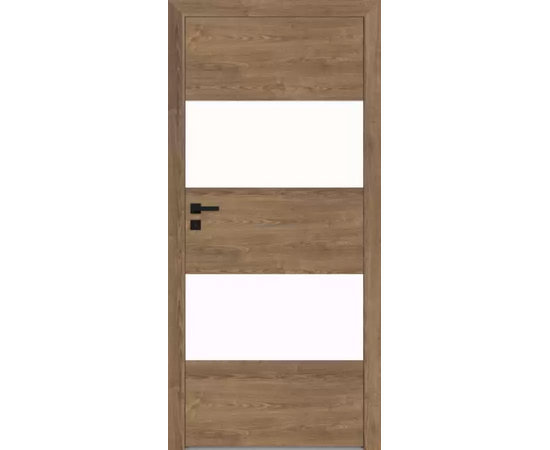 Durvis RIVIA DRE ar koka rāmja apdari un baltiem pildiņiem, kas piešķir telpai mūsdienīgu izskatu.