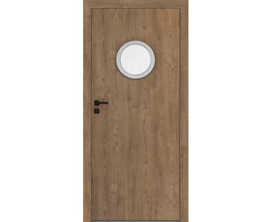 Iekšdurvis STANDARD DRE ar dekoratīvu apaļu stikla lodziņu durvju augšdaļā.
