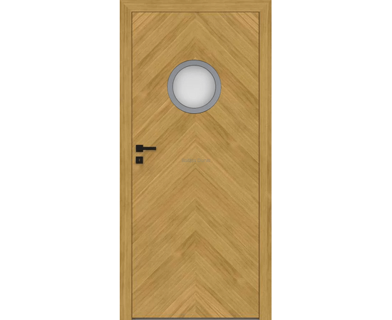 WOOD DRE iekštelpu durvis ar dabiska ozola apdari un modernu rakstu, un apaļu stikla elementu durvju augšdaļā. Durvis siltumam un stilam.