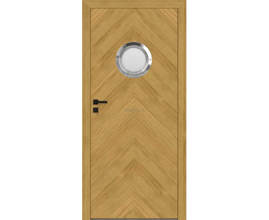 WOOD DRE iekštelpu durvis ar dabiska ozola apdari un modernu rakstu, un apaļu stikla elementu durvju augšdaļā. Durvis siltumam un stilam.