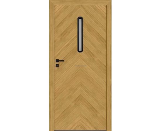 WOOD DRE iekštelpu durvis ar dabiska ozola apdari un modernu rakstu, un vertikālu stikla elementu durvju augšdaļā. Durvis siltumam un stilam.
