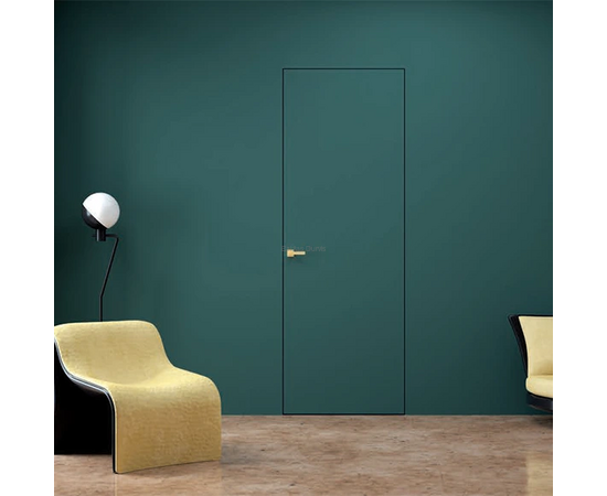 Slēptās iekšdurvis SARA ECO2 ar laminātu, kas saplūst ar sienas plakni un papildina modernu interjeru. DRE iekšdurvis zaļā krāsā.